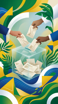 Illustration of diverse hands casting ballots into a transparent ballot box representing democracy, voting rights, and civic elections