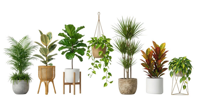 Collezione di varie piante d'appartamento verdi in vasi decorativi eleganti isolate su sfondo bianco per la decorazione d'interni e l'arredamento domestico.