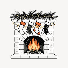 Fototapeta premium Cozy festive fireplace illustration.