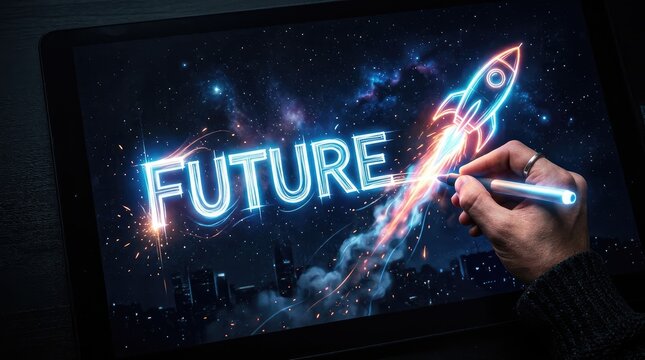 Hand drawing futuristic rocket launching toward illuminated word