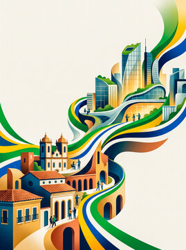 Abstract illustration of Brazil urban development showing transition from historic colonial architecture to modern city