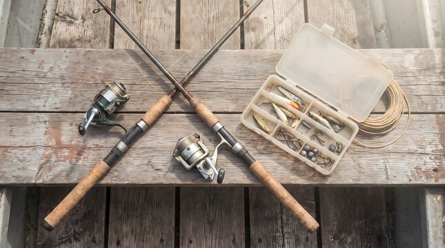 Crossed Fishing Rods and Tackle on Weathered Wooden Dock