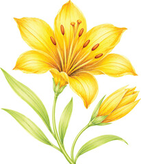 Fototapeta premium Yellow Lily Flower Watercolor Botanical Illustration, Bright Golden Lily Blossom with Green Leaves Hand Painted Art, Sunny Yellow Floral Stem in Elegant Watercolor Style