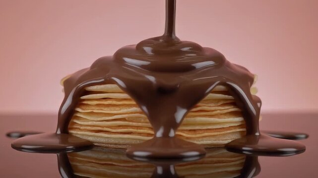 Closeup motion video of chocolate cream pouring onto a layered crepe stack
