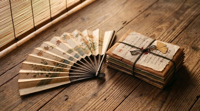 Edo Period Charm Traditional Japanese Fan and Old Scrolls on Rustic Wood