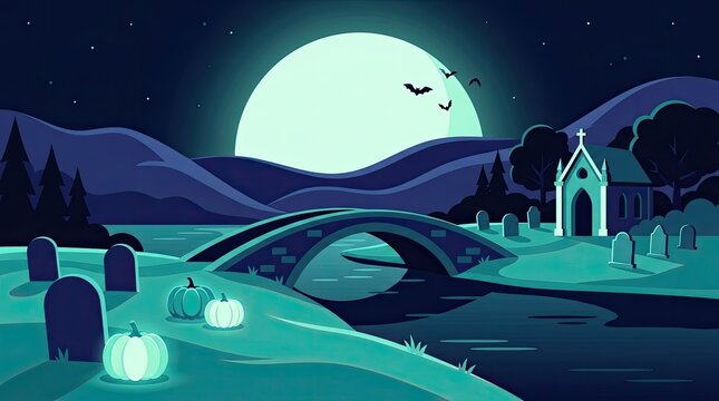 Rainbow over small bridge and church at night with bats flying in pixel art style