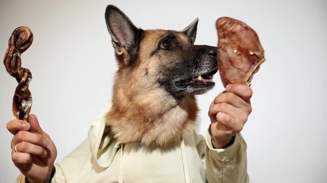German Shepherd gnaws a pig ear while holding a bull pizzle in the other hand. Humorous pet chew footage for natural snacks, product marketing and advertising