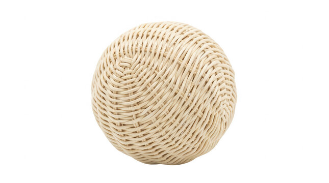 Una sfera decorativa realizzata in vimini intrecciato di colore beige naturale, isolata su uno sfondo bianco puro, ideale per il design d'interni e l'arredamento minimalista.
