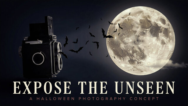 Vintage twin lens reflex camera capturing a glowing full moon with flying bats in a dark night sky for a halloween concept theme