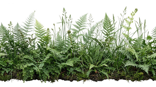 Piante di felce verde, erba selvatica e muschio disposti in un bordo orizzontale isolato su sfondo bianco, perfetto per elementi di design botanico.