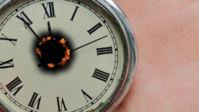 The effect of burning a vintage watch face, Transparent video template without a background to create a burning effect, alpha channel