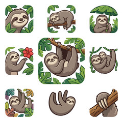 Naklejka premium Cute sloth illustrations with tropical leaves and flowers