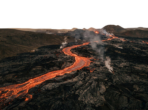 Veduta aerea di un fiume di lava incandescente che scorre attraverso un paesaggio vulcanico desolato durante un'eruzione attiva.