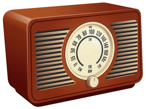 Illustrazione di una radio d'epoca in stile vintage con mobile in legno marrone e manopola della frequenza su sfondo bianco.
