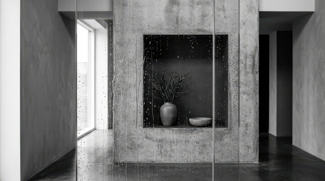 Minimalist Modern Interior Design with Concrete Wall and Decorative Niche Behind Wet Glass Pane in Black and White
