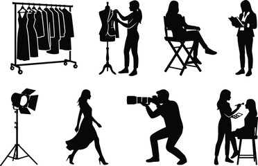 Fototapeta premium Set of fashion industry silhouettes including models, photographers, makeup artists, and clothing racks for professional studio production