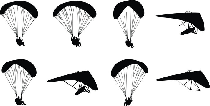 Set of black silhouettes featuring paragliders and hang gliders in various flight positions isolated on a clean white background
