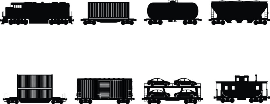 Set of black train silhouettes including locomotive, freight cars, tanker, container, and auto carrier isolated on white background