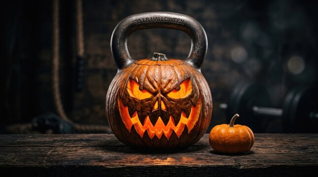 A spooky glowing jack o lantern kettlebell sitting on a rustic wooden table for a unique halloween fitness theme