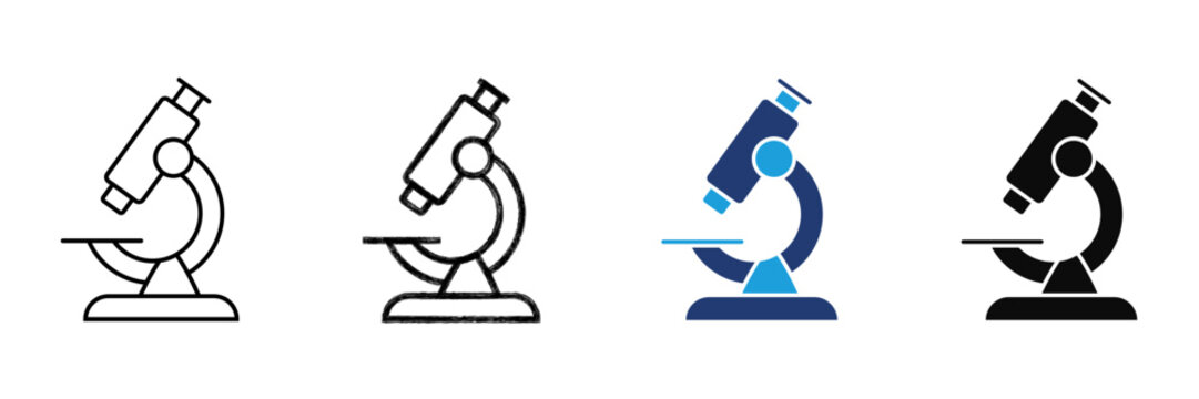 Set of four microscope icons with different designs and features. Outline, Chalk, Filled, Colored Icon