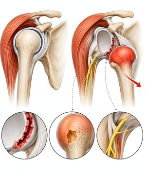 Shoulder dislocation anterior glenohumeral Bankart lesion diagram, orthopedic emergency illustrations howing anterior dislocation with displaced humeral head, Bankart labral lesion Hill-Sachs defect