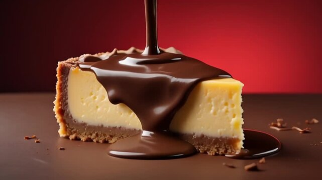Closeup video of chocolate cream gently cascading onto a cheesecake slice, bright saturated backdrop and studio lighting with dramatic highlights