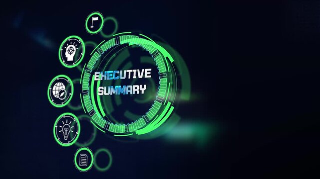 Evaluating strategic executive summary metrics through modern digital technology display featuring dynamic corporate icons visual