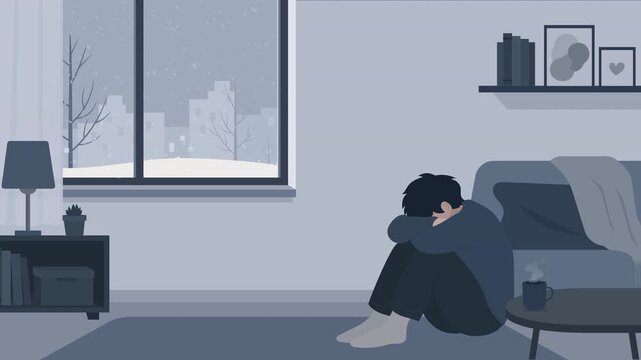 Seasonal depression concept with lonely men person indoors during winter