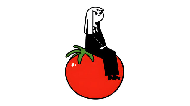 Pop flat cartoon illustration of a businesswoman sitting on a big red tomato