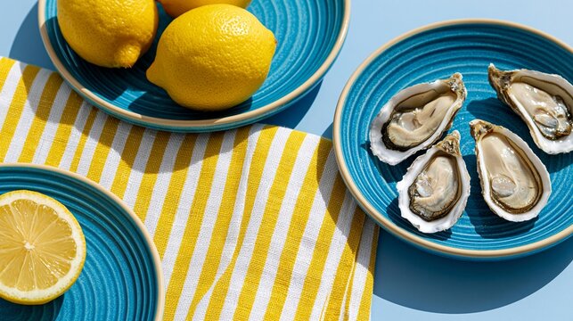 Summer nautical flat lay with fresh oysters and lemons on blue surface. Coastal Mediterranean concept with seafood on ceramic plates