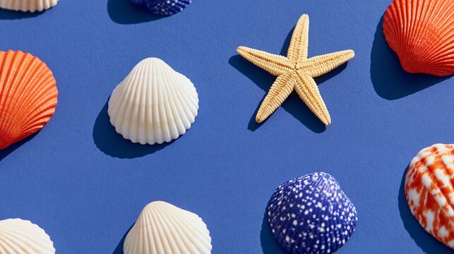 Summer nautical flat lay with seashells and starfish on blue surface. Coastal Mediterranean concept