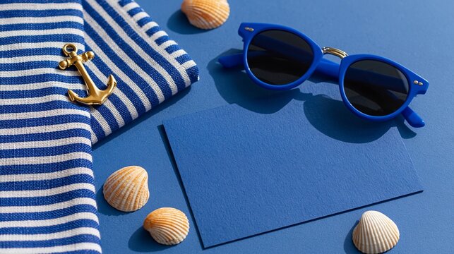 Summer nautical flat lay with anchor charm, sunglasses and seashells on blue surface. Coastal Mediterranean concept with blank card