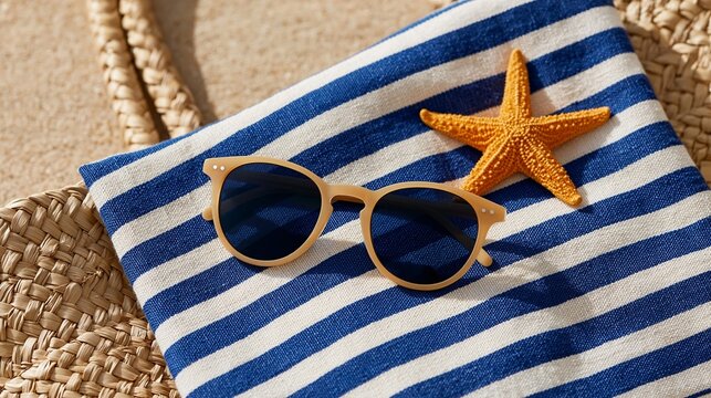 Woven straw beach bag with striped fabric, sunglasses and starfish on sand. Summer nautical coastal Mediterranean concept
