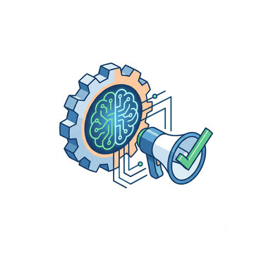 Square Isometric Vector AI Brain Gear and Megaphone Integration Symbol