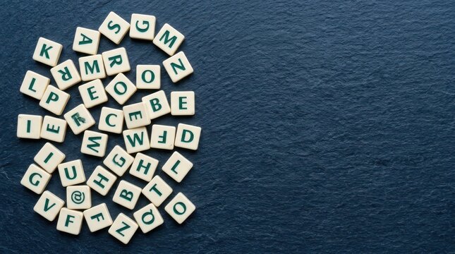 Scattered Alphabet Letter Tiles on Dark Slate Background with Copy Space for Education and Language Concepts