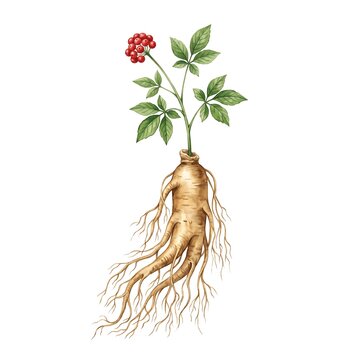 Watercolor botanical illustration of a ginseng root with green leaves and red berries