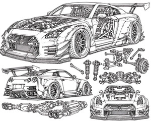 Fototapeta premium technical widebody race car blueprint, widebody race car, race car blueprint, automotive blueprint, technical drawing, motorsport engineering, performance vehicle, racing car, aerodynamic design, wide