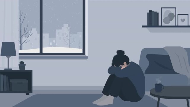 Seasonal depression concept with lonely woman person indoors during winter