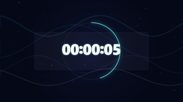 Captivating motion graphic of a digital countdown timer, displaying five seconds with a vibrant circular progress indicator against a modern, dark blue background, ready for media projects