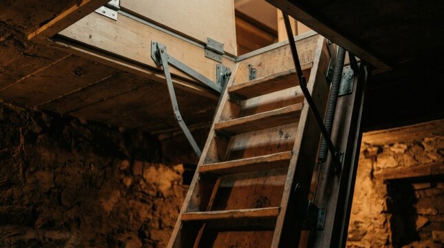 Wooden folding attic ladder extended down into a dark, rustic basement with rough stone walls, illuminated by warm, low light.