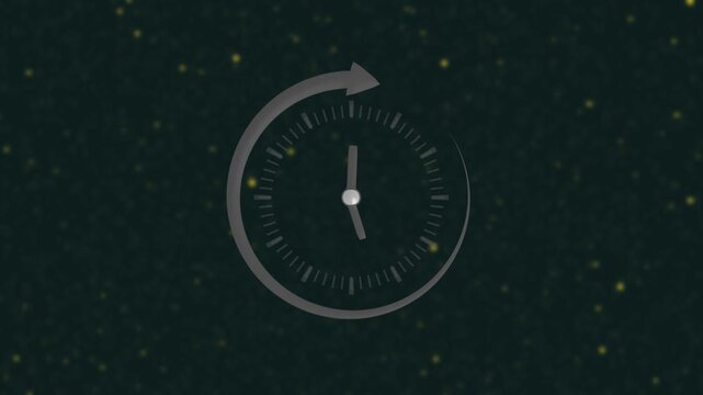 Animated clock with rotating arrow loading symbol on dark particle background, time timer countdown