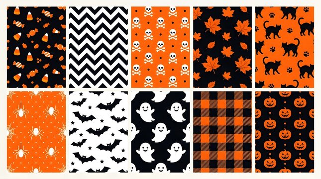 Set of ten seamless halloween patterns with various festive motifs