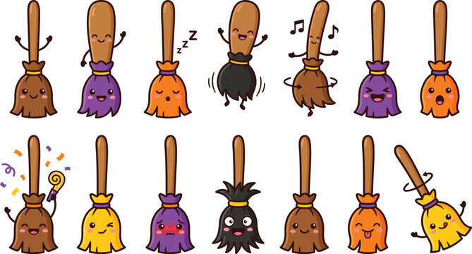 Halloween broomsticks with cute cartoon faces and colorful bristles