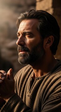 Ancient leader contemplate: Gideon hero, biblical narrative, Old Testament, Israel judge, divine calling, spiritual quest, deep reflection, solemn moment.