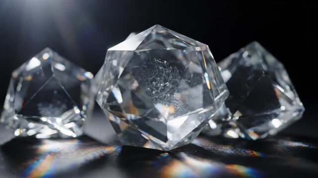 Raw uncut diamonds sparkling with light on a dark reflective surface.
