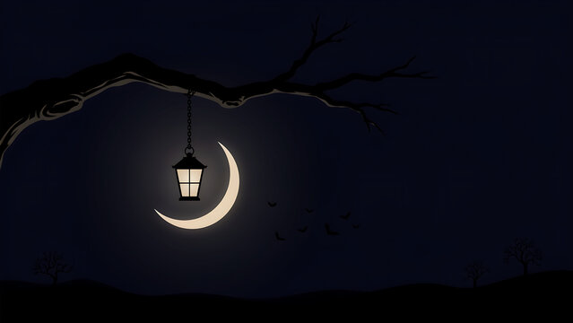 A vintage lantern hangs from a large tree branch against a glowing crescent moon in a dark night sky with small bats and rolling hills below