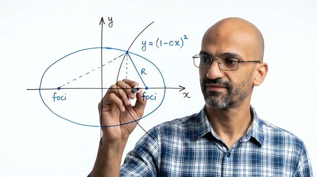 Man meticulously draws an ellipse and its properties on a whiteboard, illustrating geometric principles.