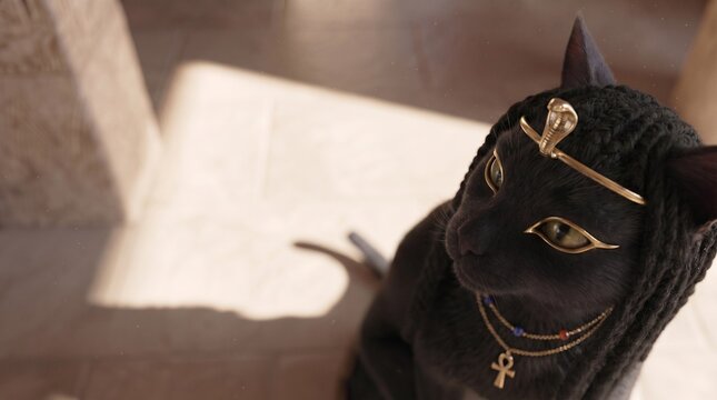 High angle portrait of the Egyptian goddess Bastet as a black cat wearing a gold cobra crown