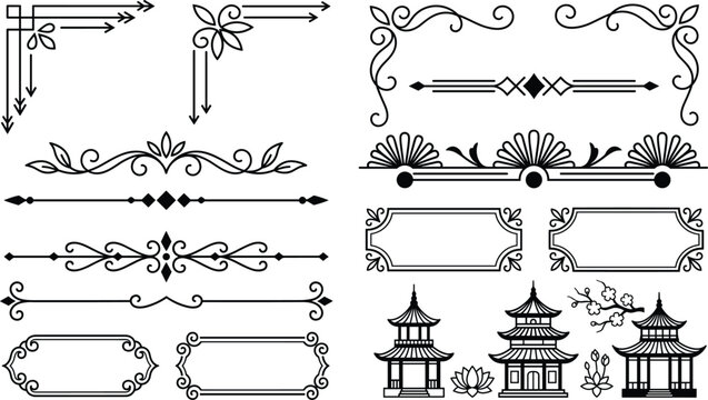 Decorative frames dividers and asian pagoda illustrations for elegant stationery layouts.