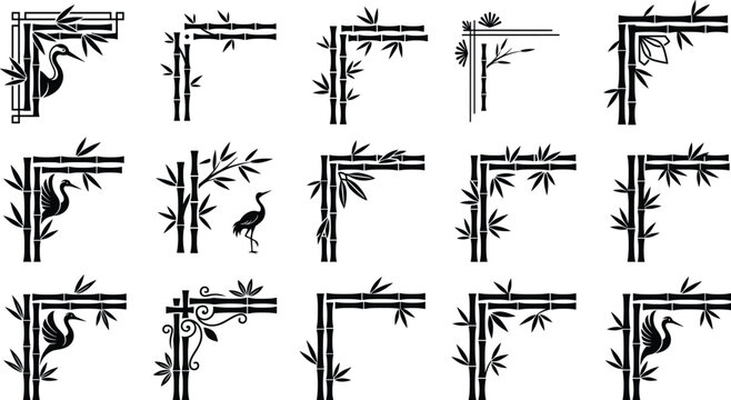 Black bamboo corner borders and frames decorated with crane birds and leaves silhouettes.